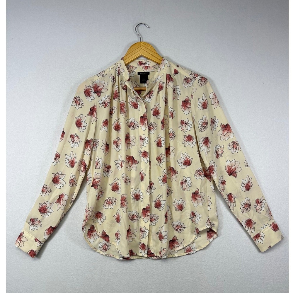 Floral Cottagecore Ann Taylor Factory Women XS Cream Pink Long Sleeve Blouse Top